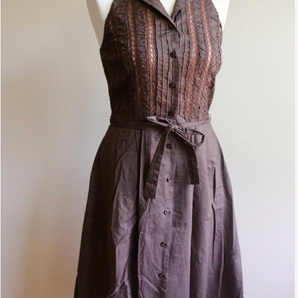 Sleeveless Brown Midi Dress with Button Front and Waist Tie